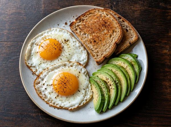 Plate of fried eggs, toast and sliced avocado